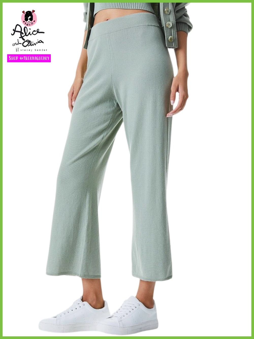 Alice + Olivia Josette Sage Green Wool Blend Bootcut Cropped Sweat Pant